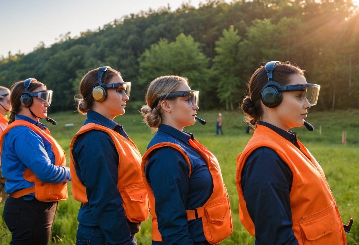 A scenic outdoor shooting range, featuring diverse individuals of various backgrounds wearing essential safety gear like ear protection, goggles, and bright vests. In the background, a clear blue sky and lush greenery create a vibrant atmosphere, while targets are visibly set up at different distances. Incorporate elements of camaraderie and focus as some individuals practice their aim, gently emphasizing responsible shooting practices. Include a soft sunset glow to enhance the mood. super-realistic. vibrant colors.