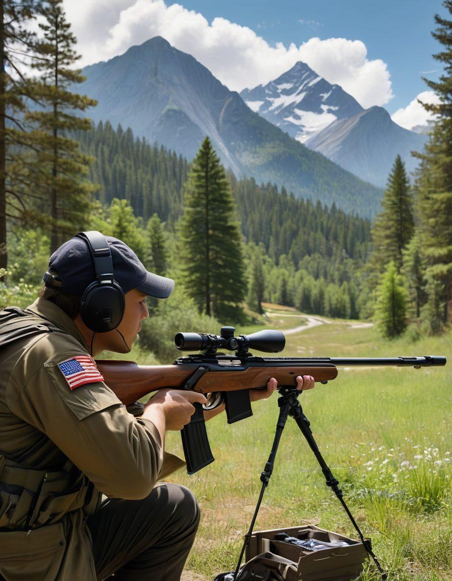 A dynamic scene depicting a rookie shooter in training, practicing with a Hatsan air rifle on an outdoor range. The background features a picturesque landscape with mountains and pine trees, while a mentor guides the rookie, showcasing supportive interaction. Include flying targets in the foreground and a sense of movement, capturing the essence of progression from novice to expert. vibrant colors. super-realistic.