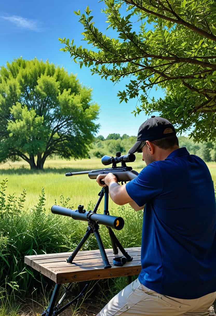 A dynamic scene featuring a skilled marksman aiming a Hatsan airgun at a target in an outdoor shooting range, with various airgun accessories scattered around. The background includes lush greenery, highlighting the excitement of shooting sports. Incorporate a clear blue sky above and vibrant colors to create an uplifting atmosphere. super-realistic. vibrant colors.